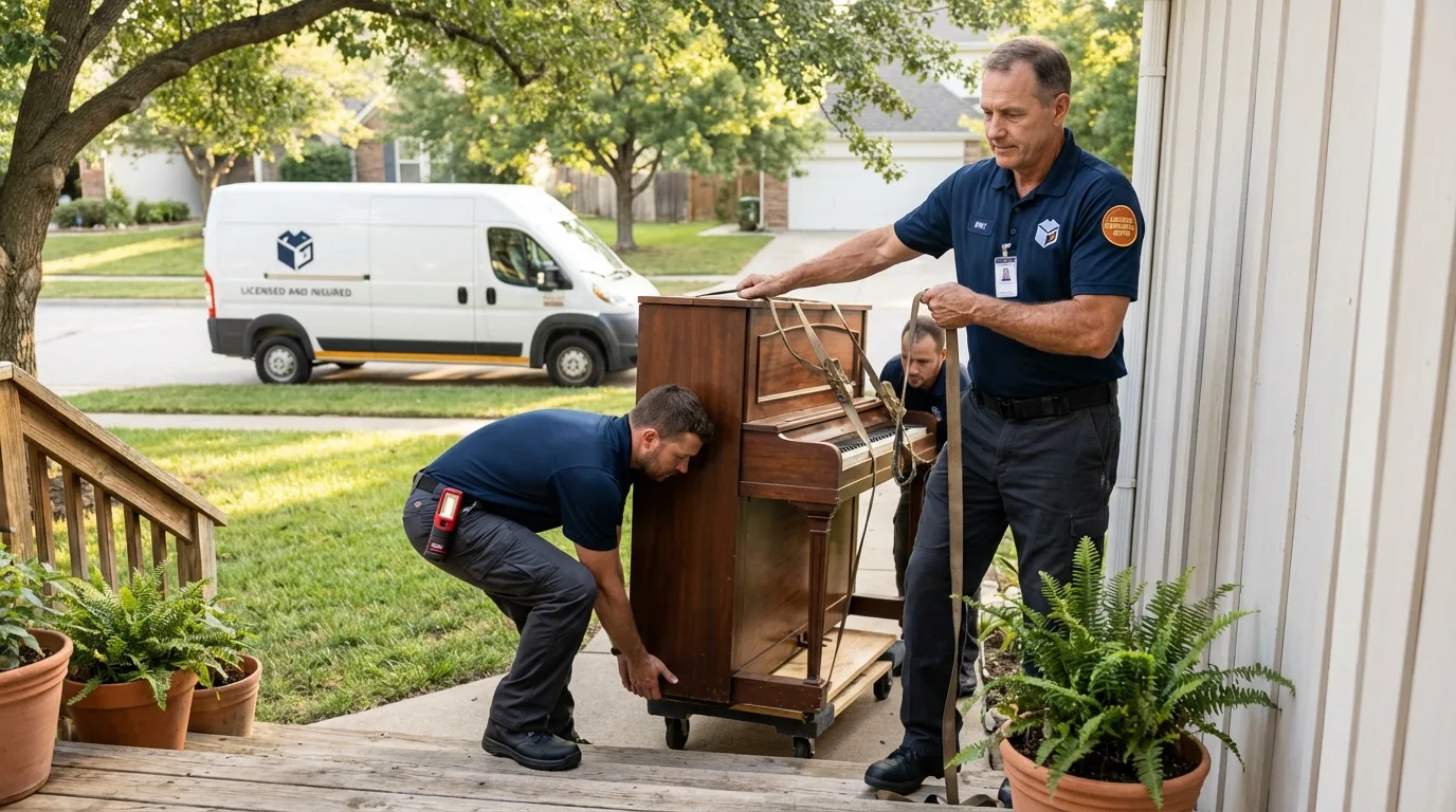 Licensed piano movers securing grand piano in Hiram, GA