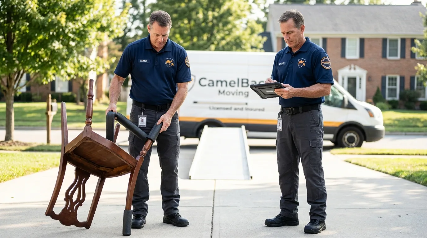 Movers inspecting furniture for damage prevention before loading in Hiram, GA
