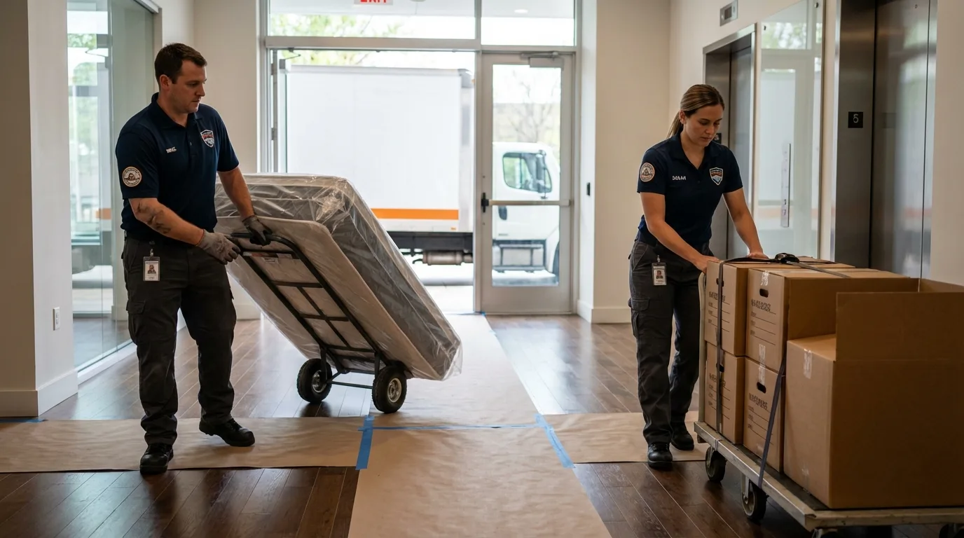 Professional apartment movers loading elevator in Hiram, GA
