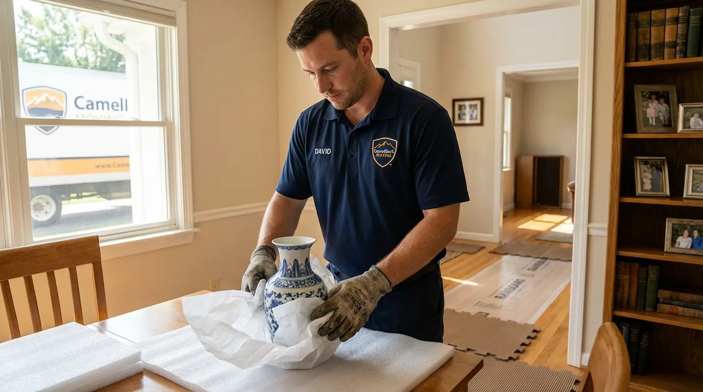 Professional crew carefully wrapping antique vase for senior downsizing move in Hiram, GA